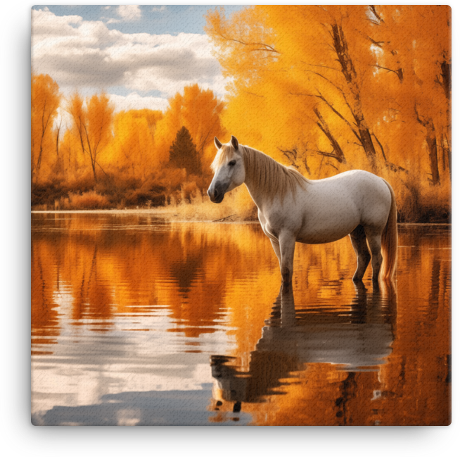 Autumn Reflection White Horse Canvas Wall Art