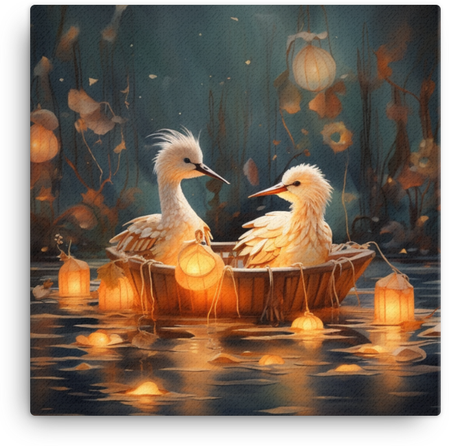 Birds on a Boat Amidst Glowing Lanterns Canvas