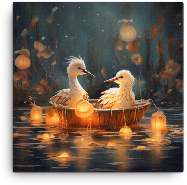 Birds on a Boat Amidst Glowing Lanterns Canvas