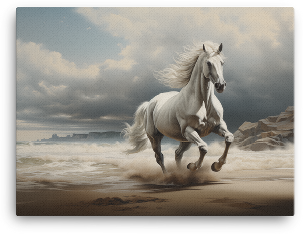 Coastal Gallop White Horse on the Beach Canvas Wall Art