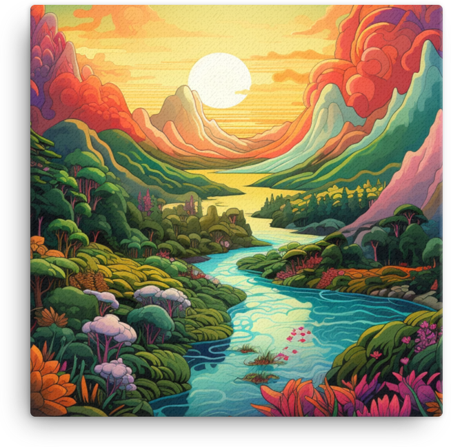 Colorful Sunset Over a Cool River Valley Canvas