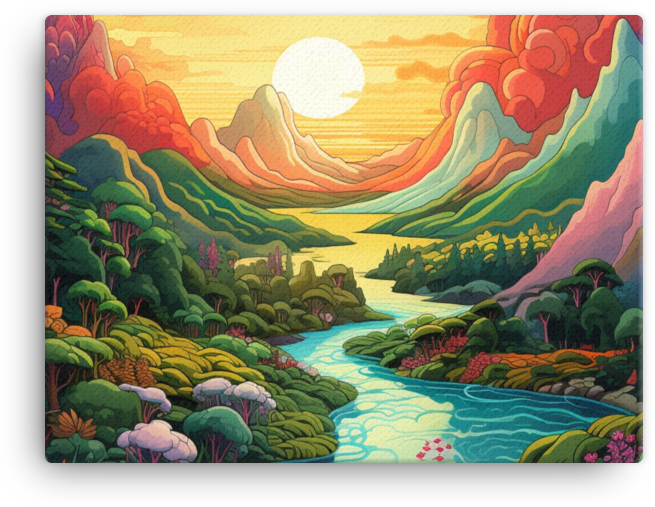 Colorful Sunset Over a Cool River Valley Canvas