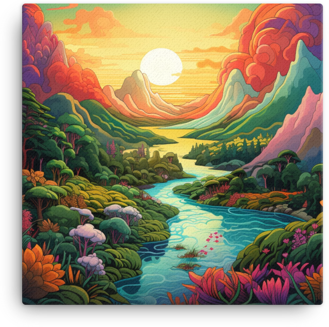 Colorful Sunset Over a Cool River Valley Canvas