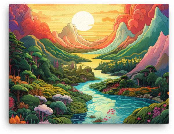 Colorful Sunset Over a Cool River Valley Canvas