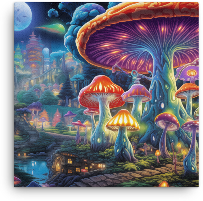 Enchanted Moonlit Mushroom Village Canvas