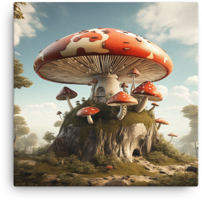 Enchanted Mushroom House Fantasy Landscape Canvas