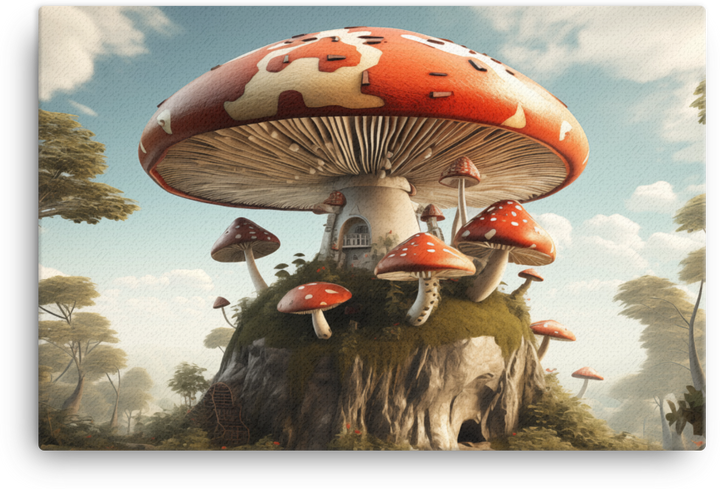 Enchanted Mushroom House Fantasy Landscape Canvas