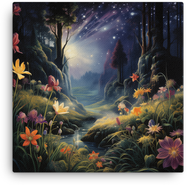 Enchanted Nighttime Wildflower Meadow Canvas