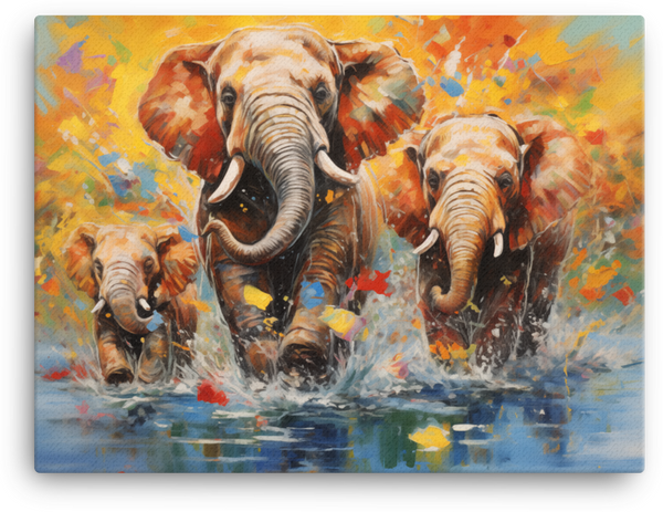 Family of Elephants Crossing Water Canvas Wall Art