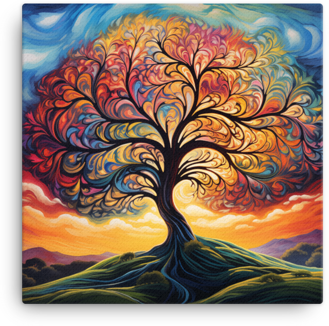 Fiery Sunset and Swirling Sky Tree Canvas wall art