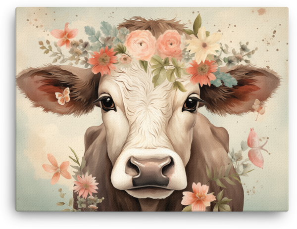 Floral Crown Cow Canvas Wall Art