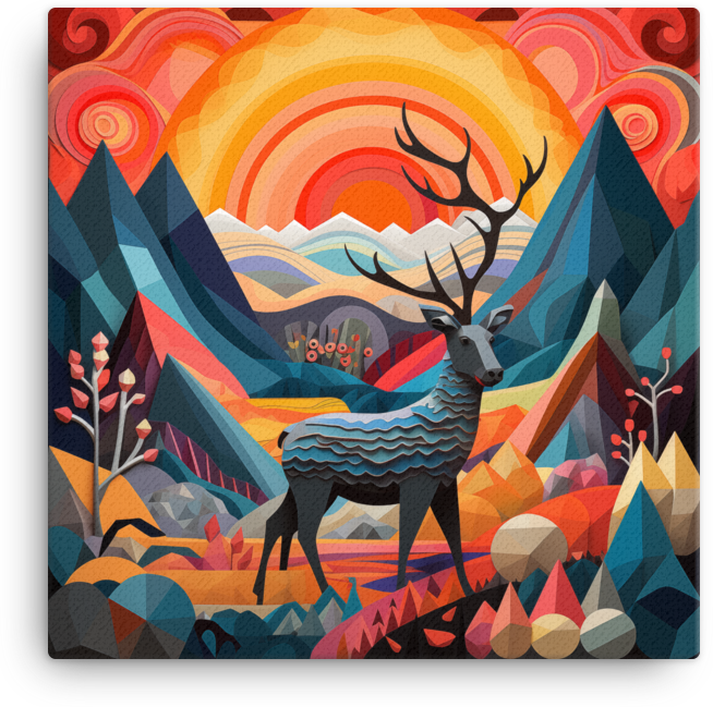 Geometric Sunrise with Majestic Deer Canvas