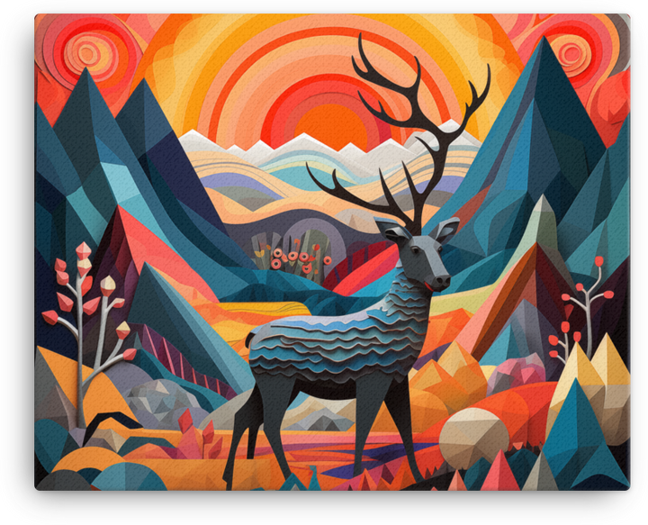Geometric Sunrise with Majestic Deer Canvas