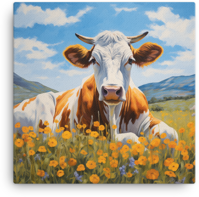 Golden Meadow Cow Canvas Wall Art