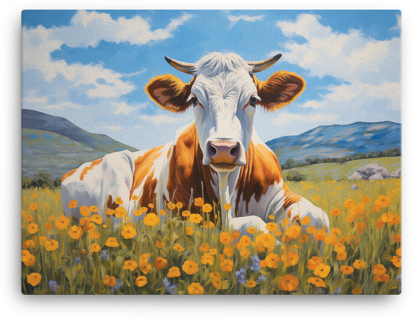 Golden Meadow Cow Canvas Wall Art