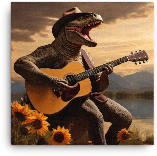 Guitar-Playing Dinosaur at Sunset Canvas