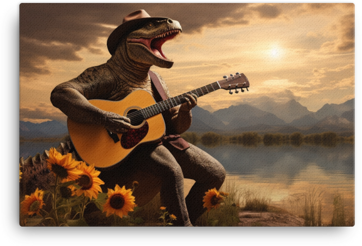 Guitar-Playing Dinosaur at Sunset Canvas