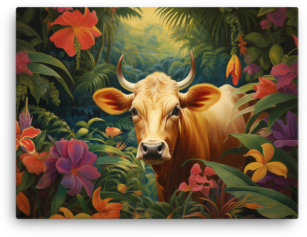Jungle Oasis Cow Canvas Wall Art