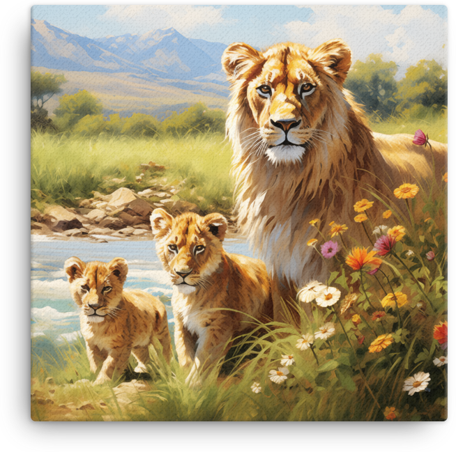 Lioness and Cubs Canvas Wall Art