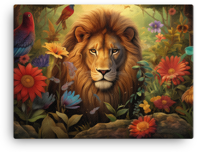 Majestic Lion in Floral Paradise Canvas Wall Art