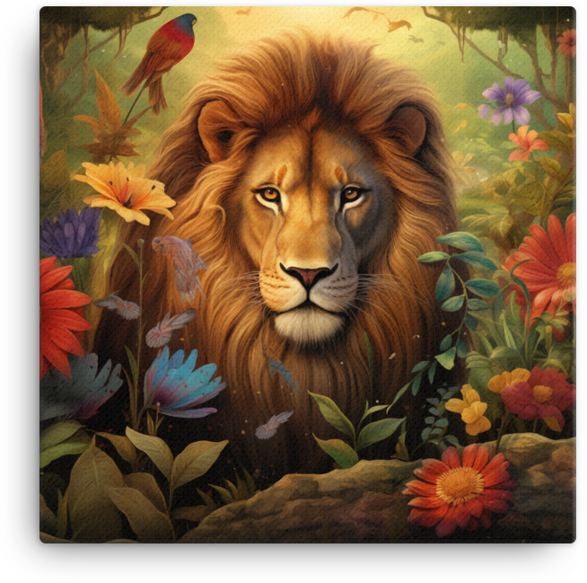 Majestic Lion in Floral Paradise Canvas Wall Art