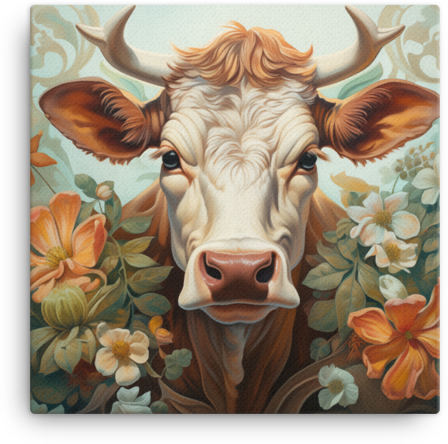 Meadow Blossom Cow Canvas Wall Art