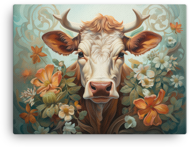 Meadow Blossom Cow Canvas Wall Art