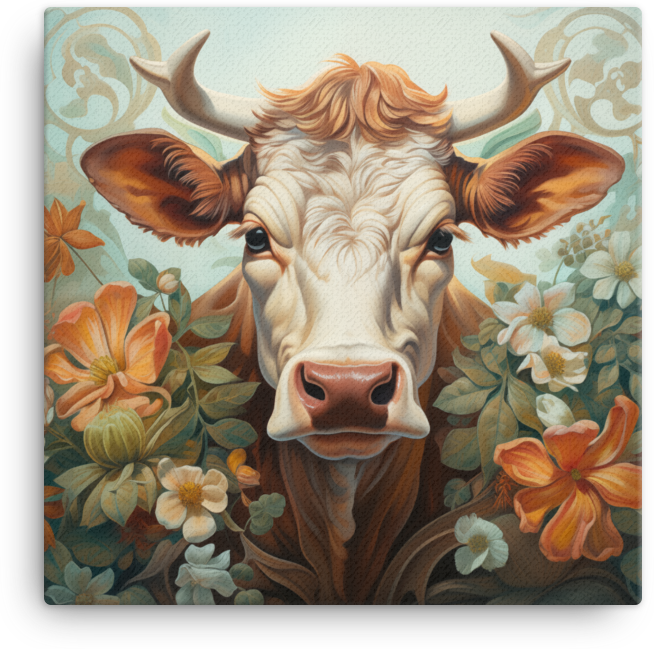 Meadow Blossom Cow Canvas Wall Art