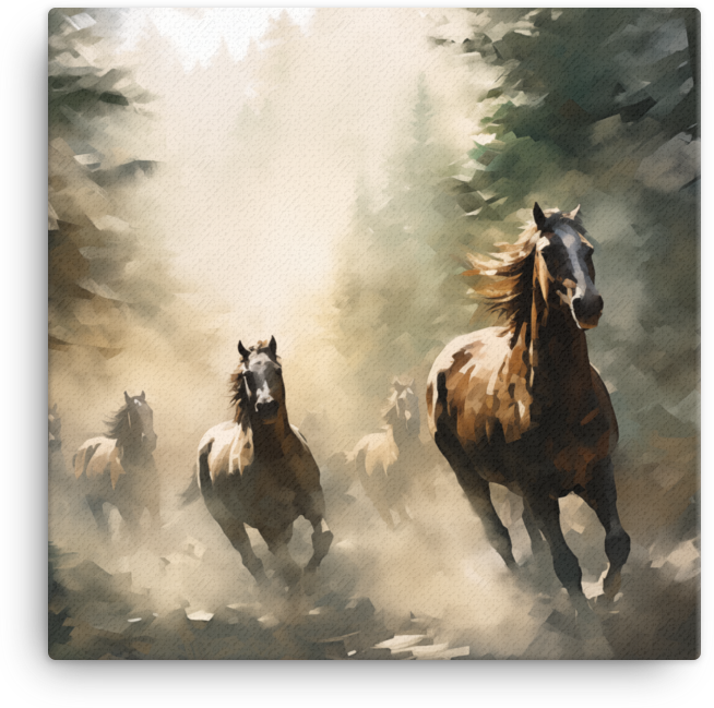 Misty Forest Stampede Horse Canvas Wall Art