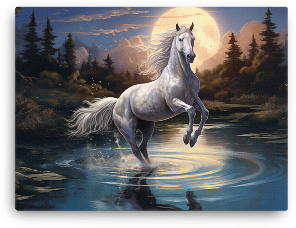 Moonlit Ripples White Horse Canvas Wall Art