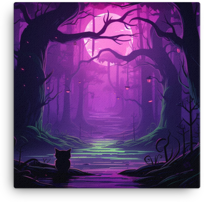 Mystical Forest with Silhouetted Cat Canvas