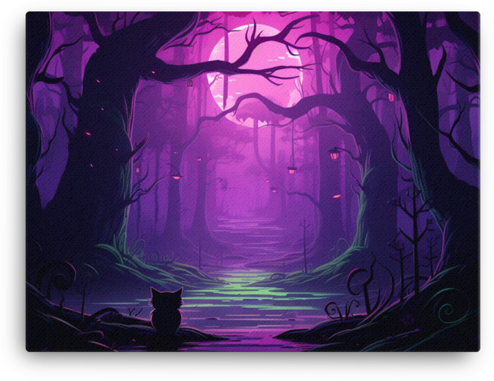 Mystical Forest with Silhouetted Cat Canvas