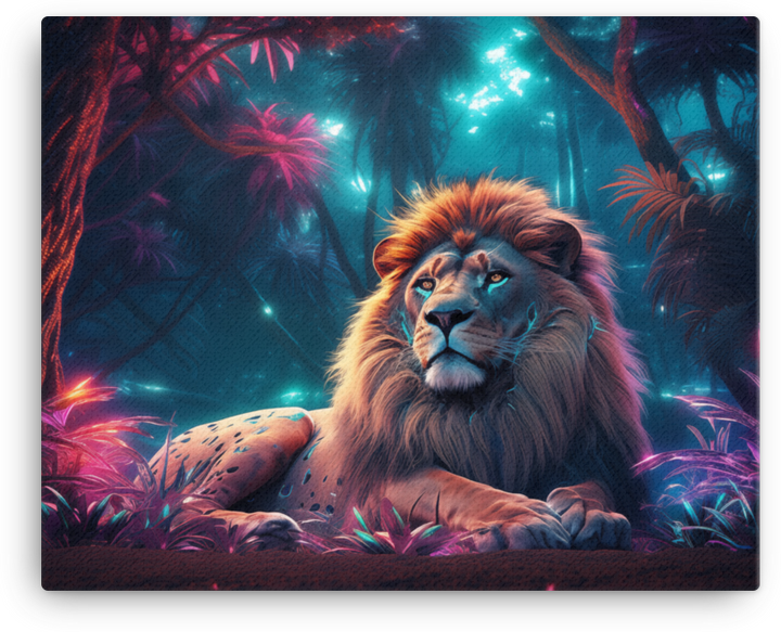 Mystical Neon Jungle King Lion Canvas Wall Art