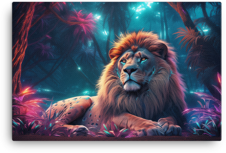 Mystical Neon Jungle King Lion Canvas Wall Art