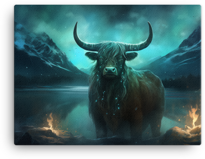 Mystical Northern Lights Cow Canvas Wall Art