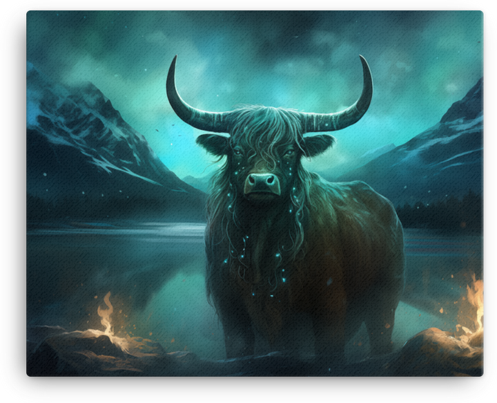 Mystical Northern Lights Cow Canvas Wall Art