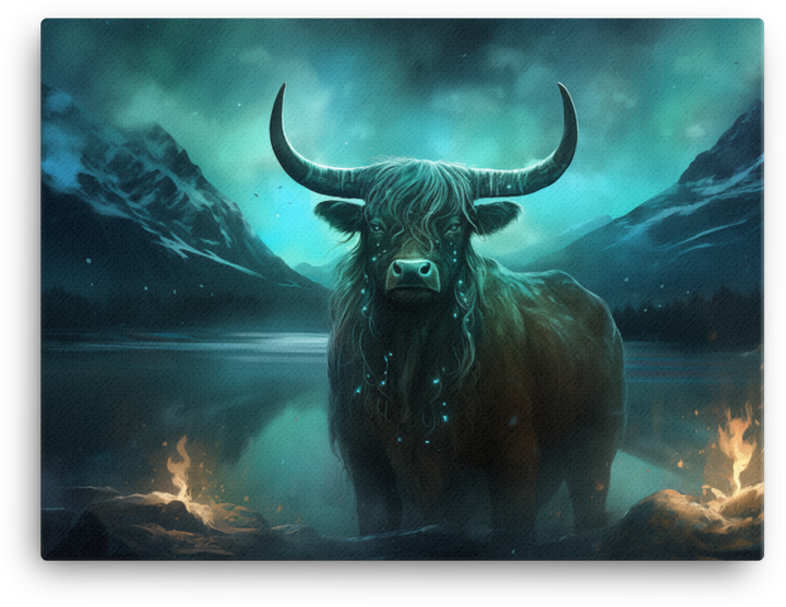 Mystical Northern Lights Cow Canvas Wall Art