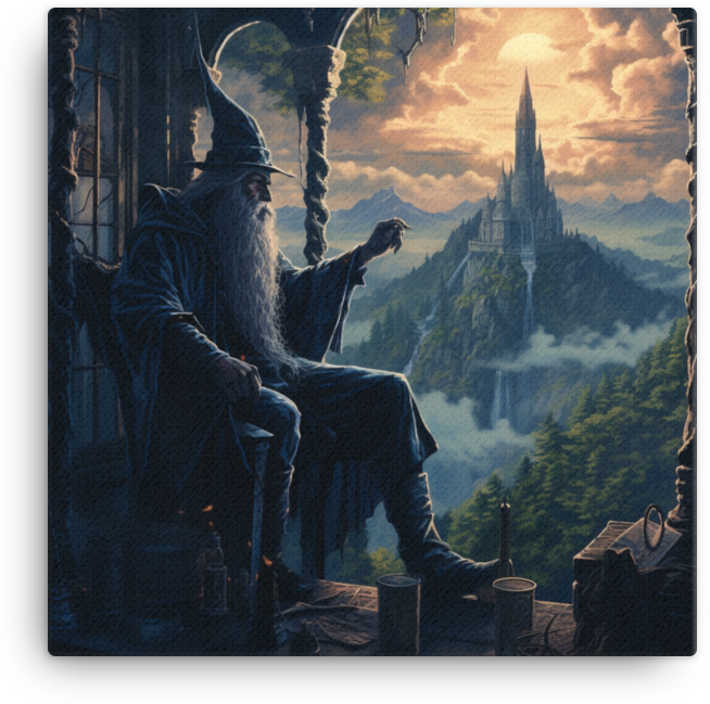 Mystical Wizard's Retreat Overlooking Enchanted Castle Canvas