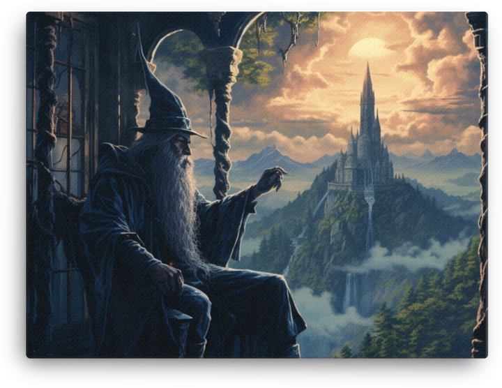 Mystical Wizard's Retreat Overlooking Enchanted Castle Canvas
