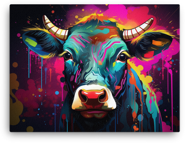 Neon Drip Cow Canvas Wall Art