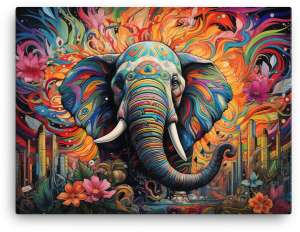Psychedelic Floral Elephant Canvas Wall Art