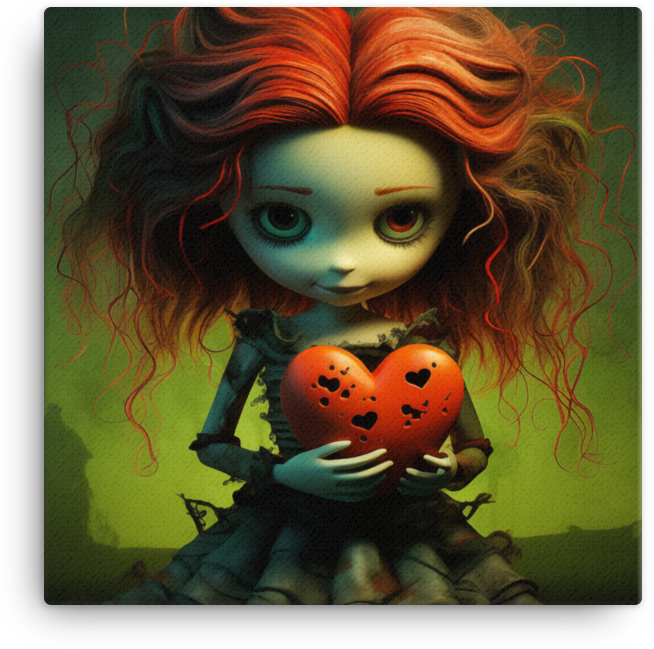 Red-Haired Doll Holding a Heart on Dark Fantasy Background Canvas