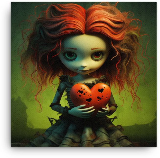 Red-Haired Doll Holding a Heart on Dark Fantasy Background Canvas