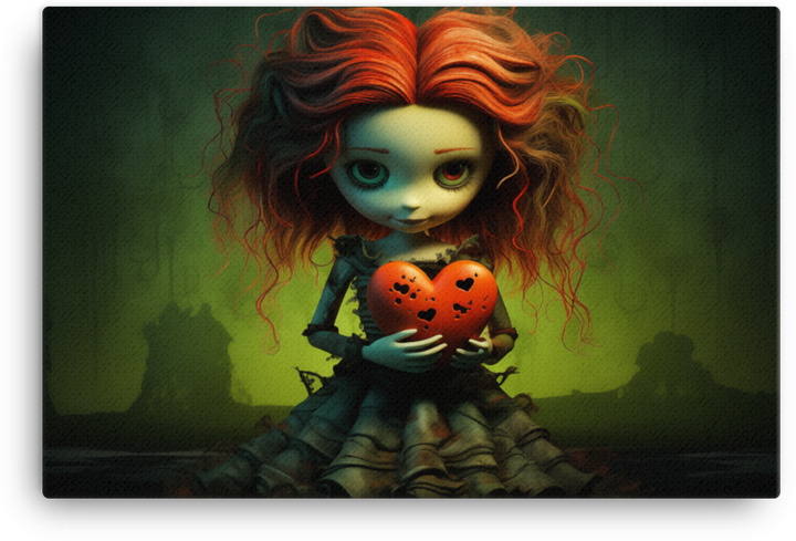 Red-Haired Doll Holding a Heart on Dark Fantasy Background Canvas