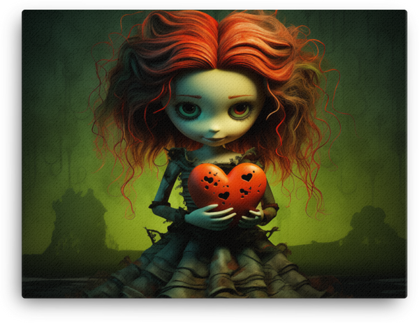 Red-Haired Doll Holding a Heart on Dark Fantasy Background Canvas