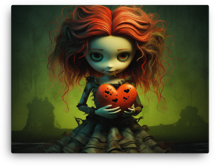 Red-Haired Doll Holding a Heart on Dark Fantasy Background Canvas