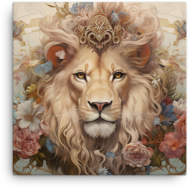 Regal Floral Crown Lion Canvas Wall Art