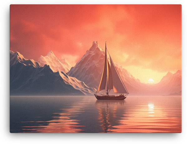 Sailboat at Sunset in Mountainous Seascape Canvas
