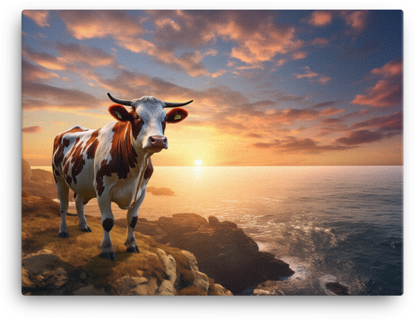 Seaside Sunset Cow Canvas Wall Art