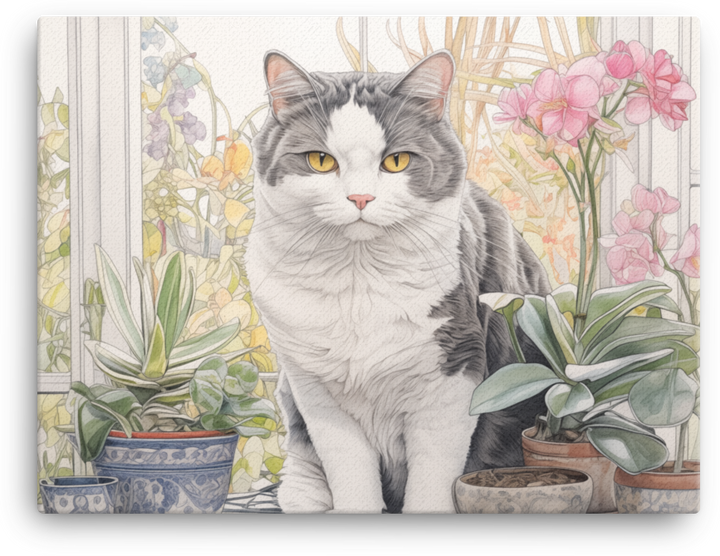 Serene Feline Amidst Floral Bliss Canvas